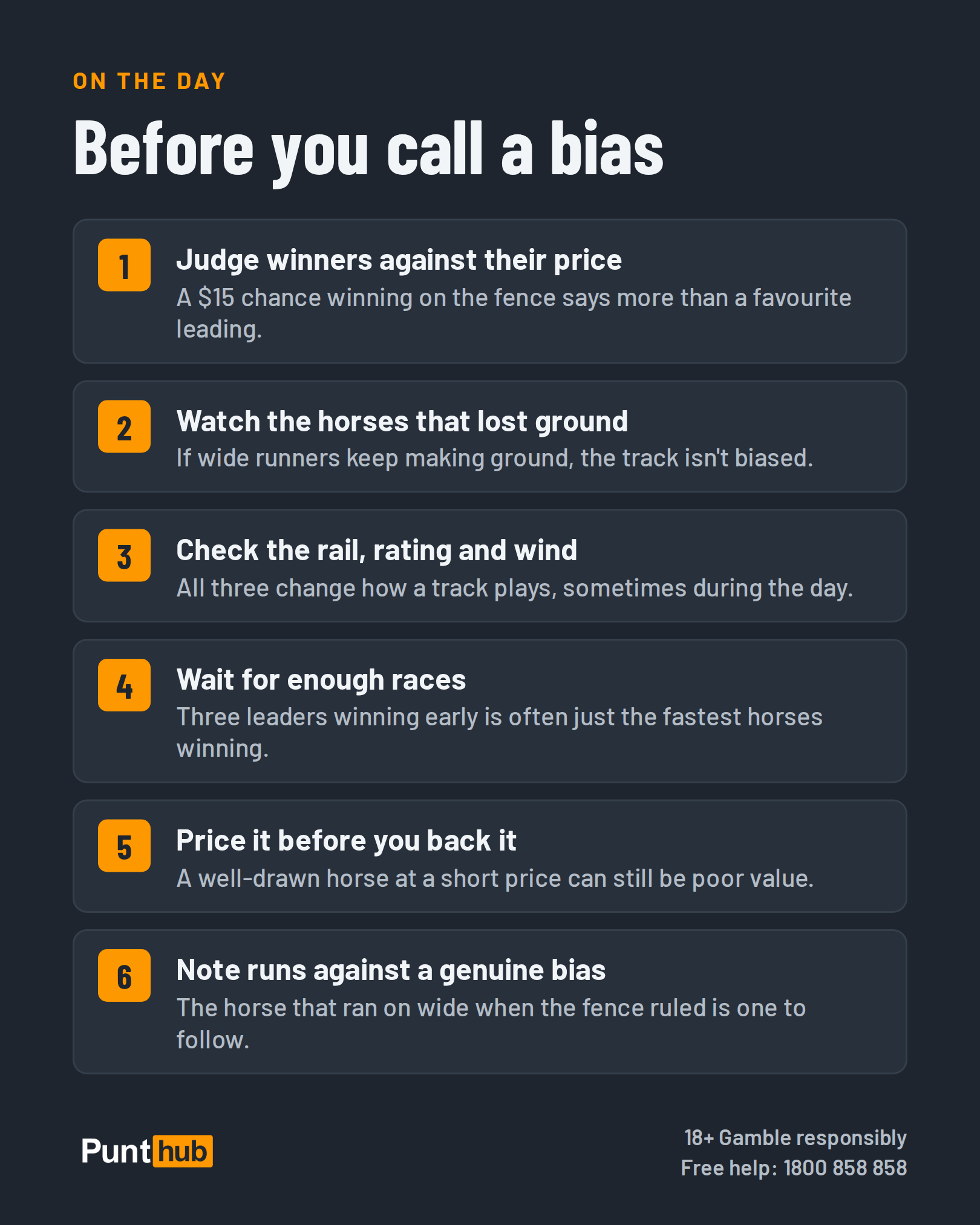 Six-step checklist before calling a track bias: judge winners against their price, watch the horses that lost ground, check the rail, rating and wind, wait for enough races, price it before you back it, and note runs against a genuine bias.