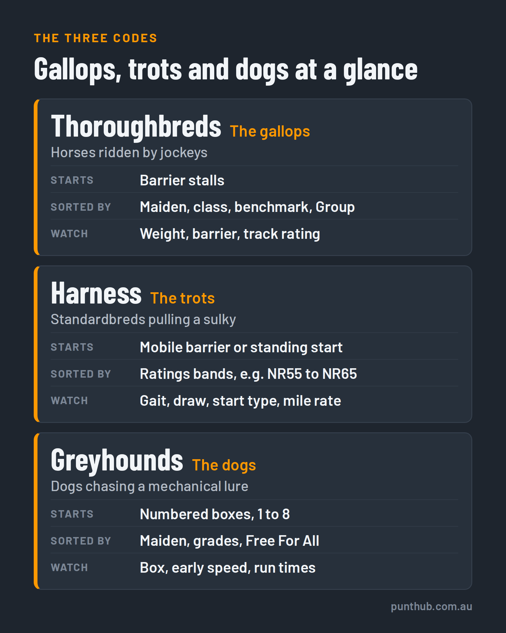 Summary of Australia's three racing codes: thoroughbreds start from barrier stalls, harness horses from a mobile barrier or standing start, and greyhounds from numbered boxes, with how each is sorted and what to watch.
